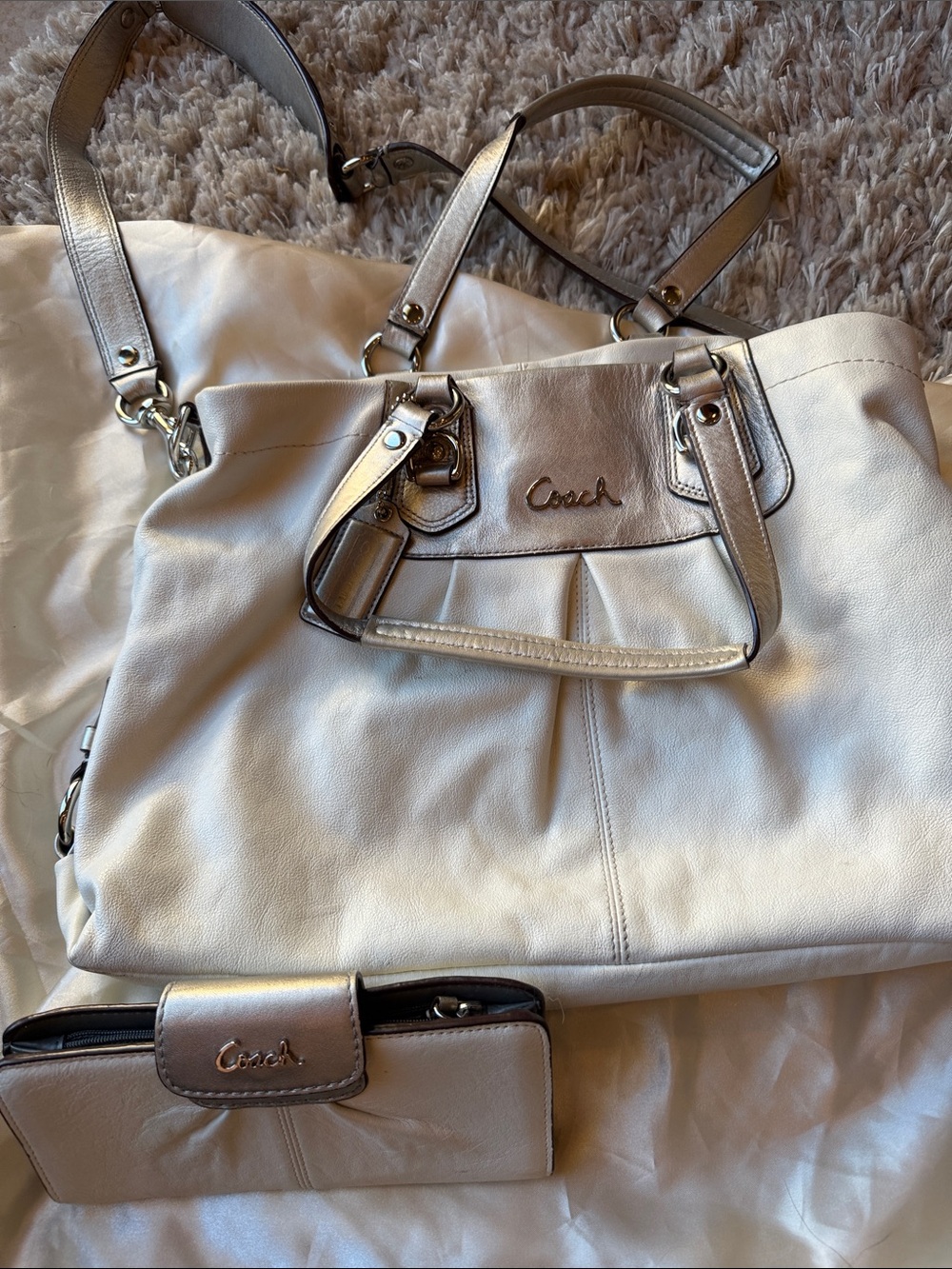Coach Cream and Silver Leather F16518 Large Tote with matching wallet
